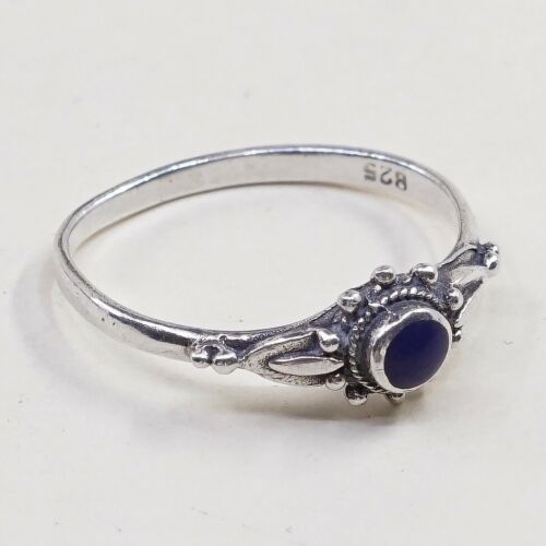 Sz 6.5, Vtg Sterling Silver Handmade Ring, 925 Band W Blue Onyx N Bali Beads