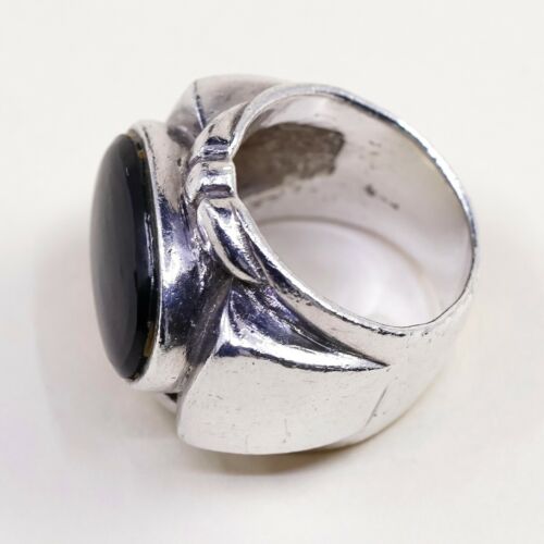 Sz 6.25, Vtg Sterling Silver Handmade Ring, 925 Band W Obsidian N Bali Beads