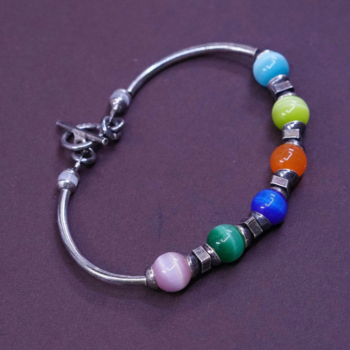 6.5”, Sterling silver handmade bracelet, 925 bangle w/ rainbow tiger eye beads