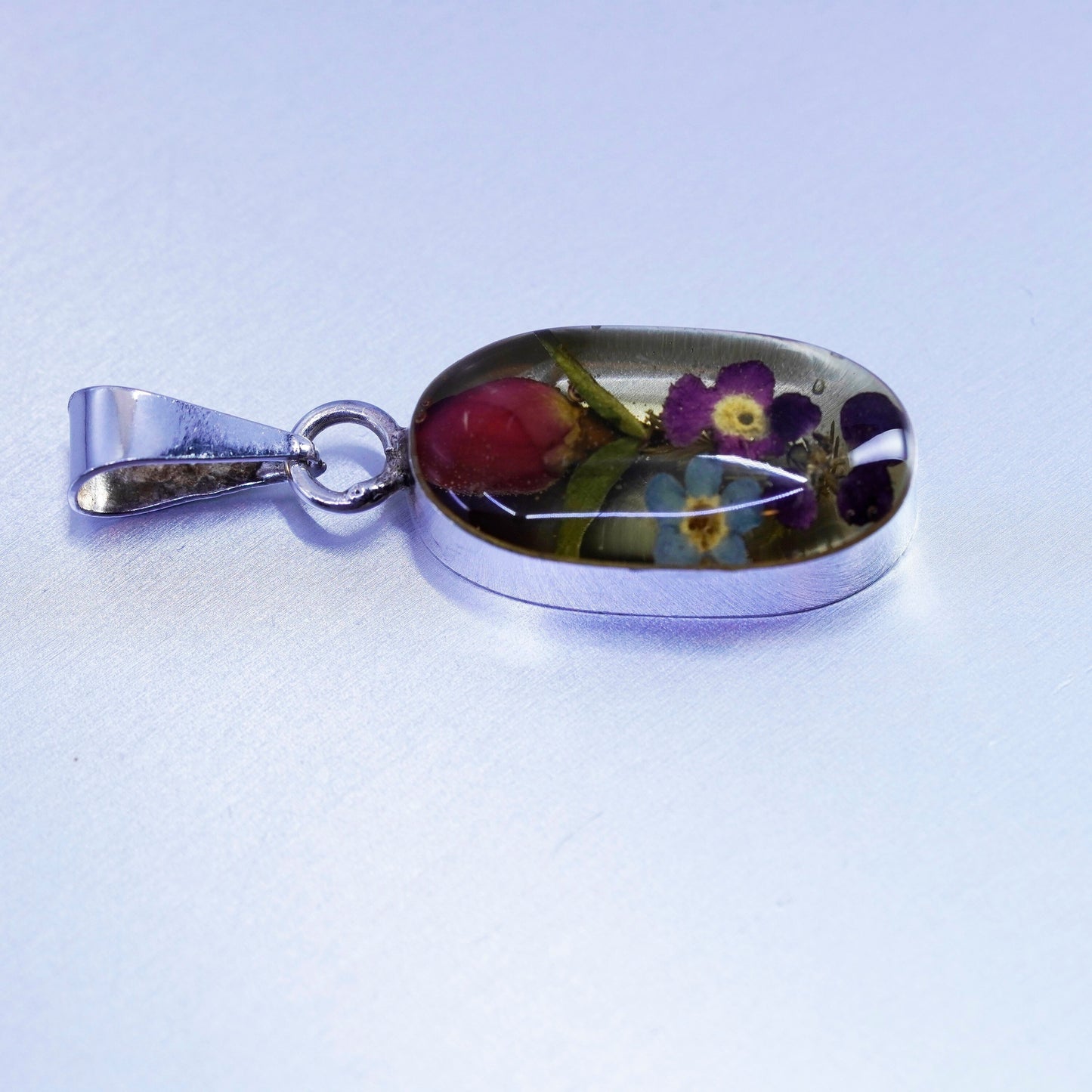 antique sterling 925 silver resin pendant with red resin flower