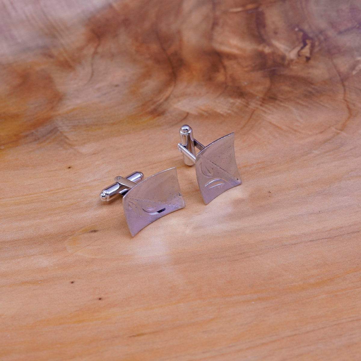 Vintage handmade sterling silver cufflink, 925 cuff links with flower engraved