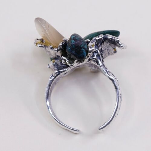 Sz Adjustable, Vtg Navajo Sterling 925 Silver W/ Turquoise Jade Ring, Silver Tes