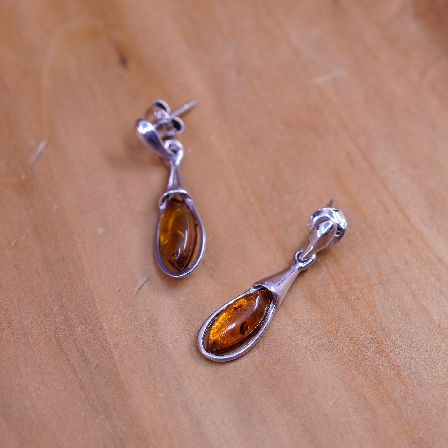 Vintage Sterling 925 silver handmade teardrop earrings with Amber
