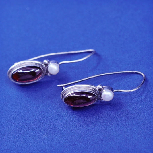 Vintage sterling 925 silver handmade earrings with garnet and pearl