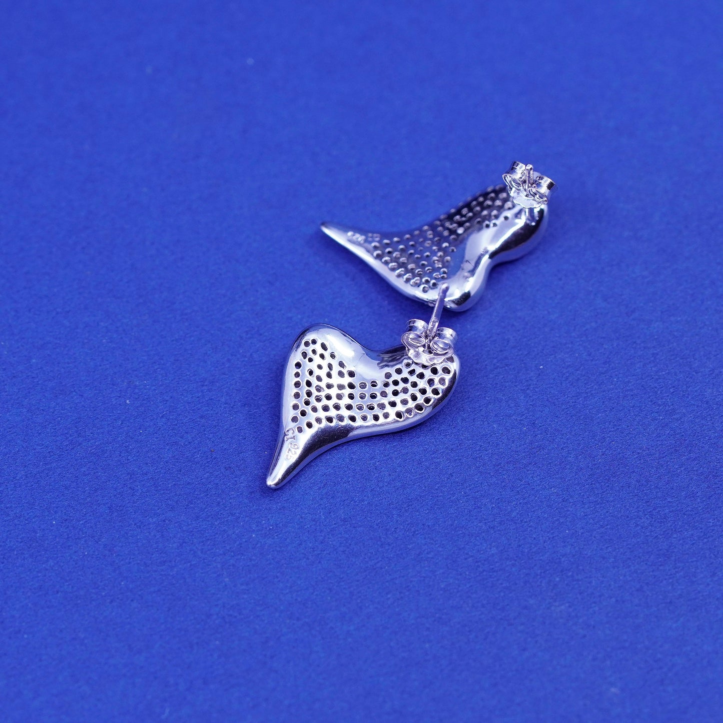 Vintage Sterling silver handmade earrings, 925 heart studs with cluster cz