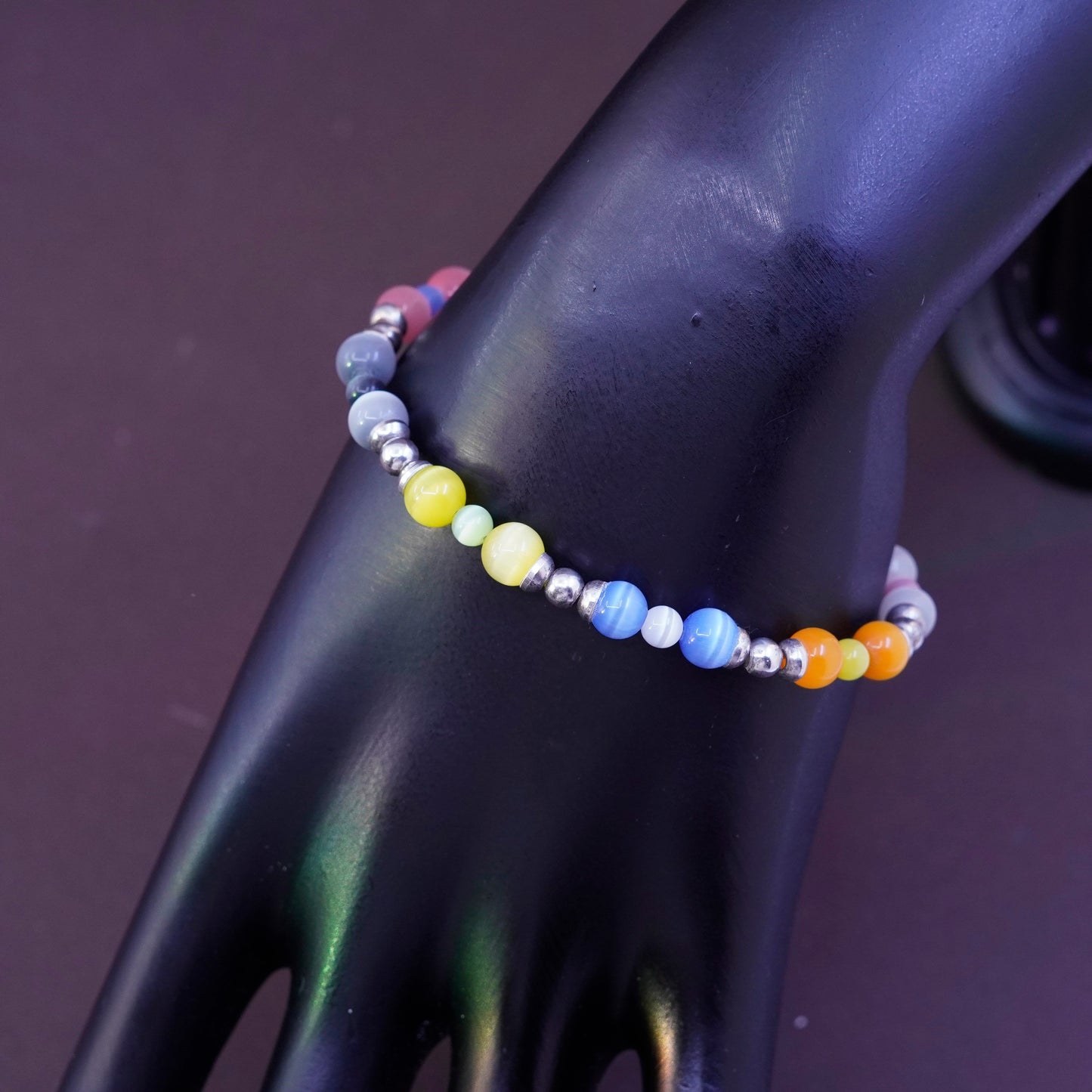 6.75”, Sterling 925 silver handmade bracelet, with colorful cat eyes beads