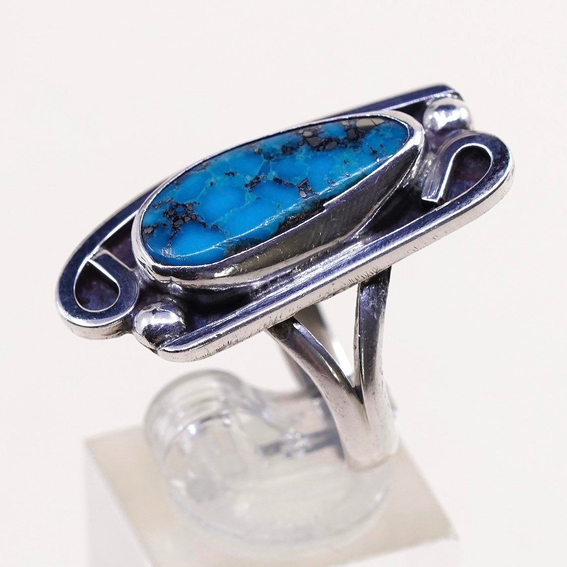 sz 8.75, vtg sterling silver ring, southwestern 925 w/ spiderwebbed turquoise