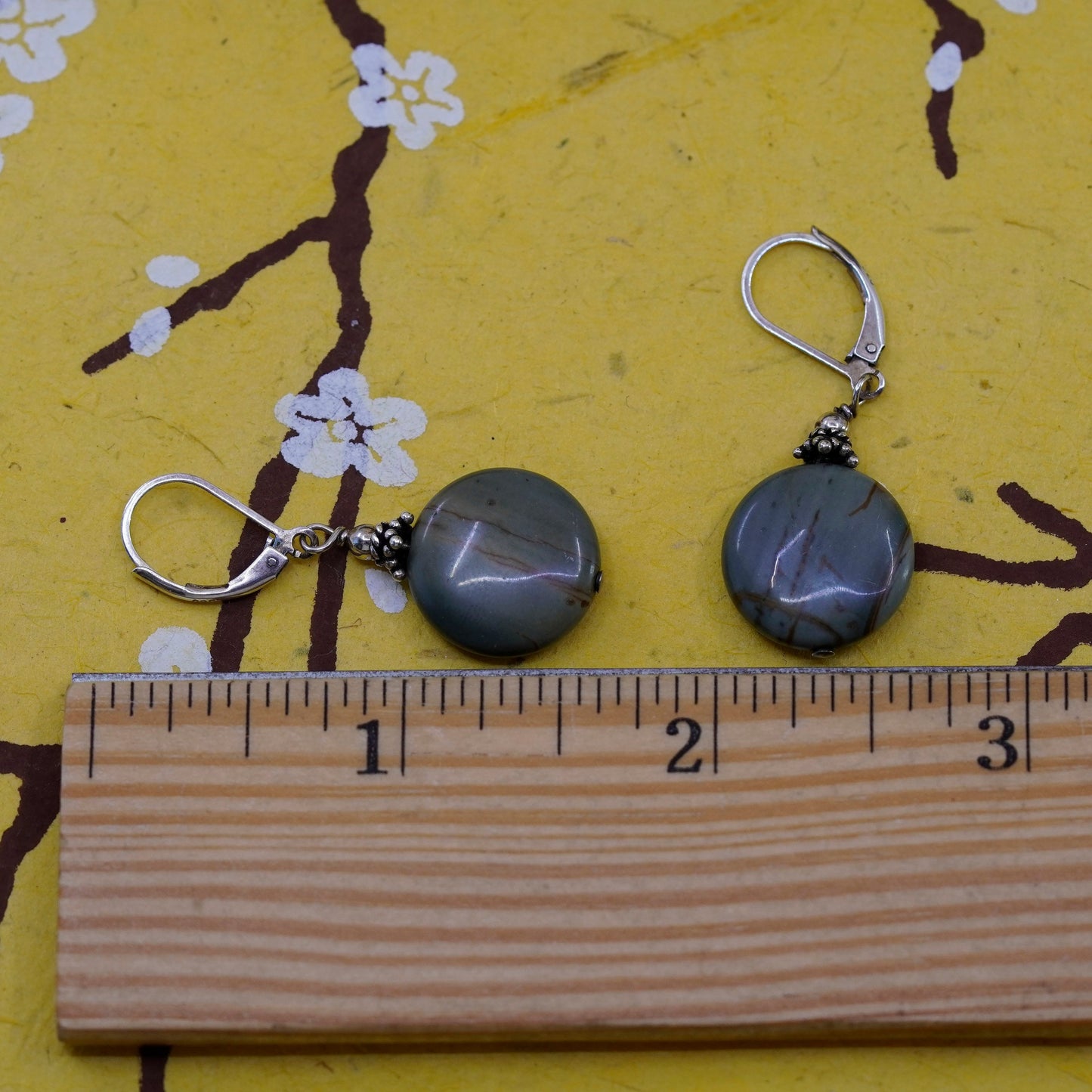 Vintage Sterling 925 silver handmade dangles with green jasper circle
