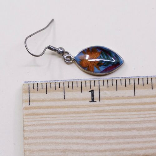 Vtg Alpaca Silver Handmade Earrings, Marquise Resin Sun Flower, Stamped