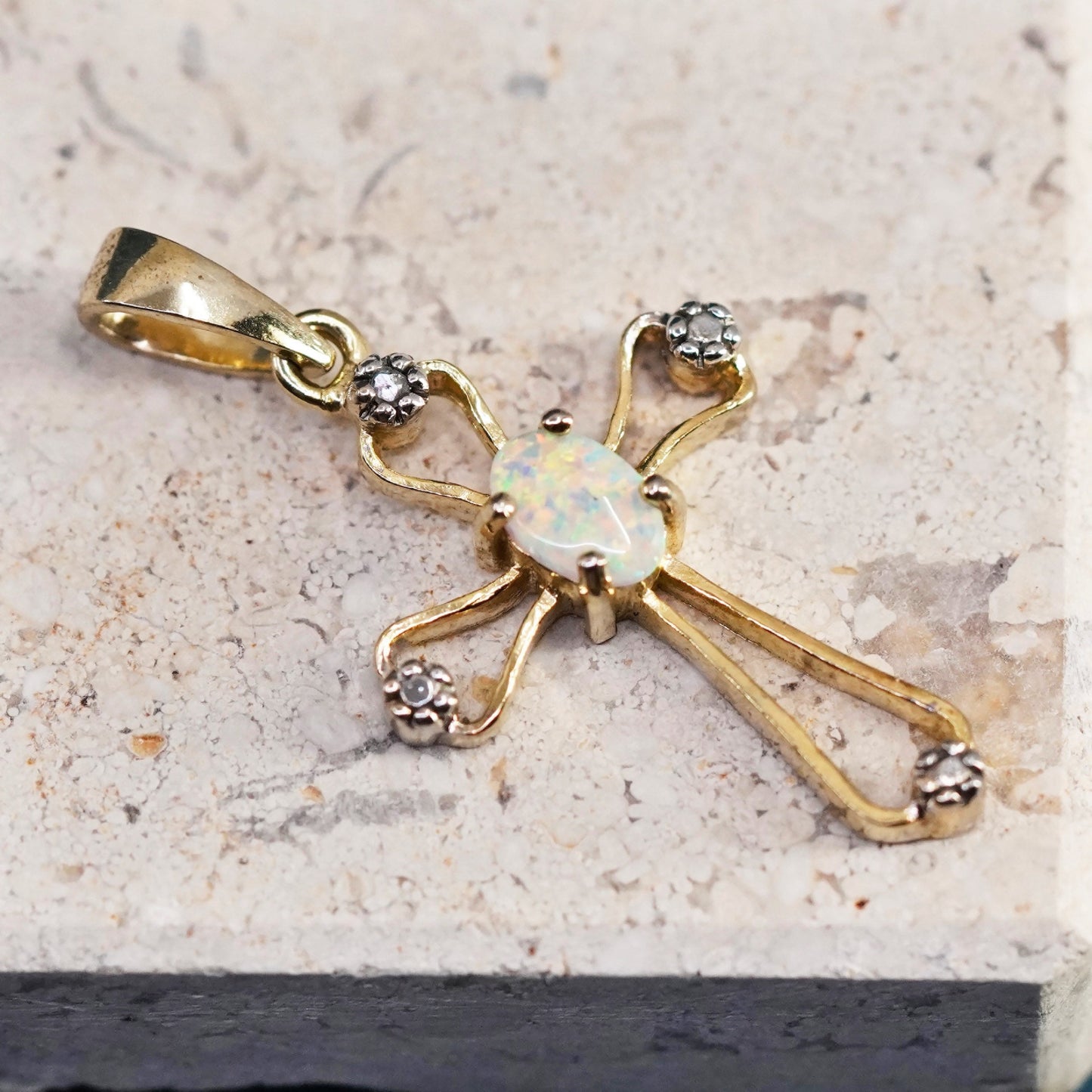 Vermeil gold over Sterling silver pendant, 925 cross with diamond and opal