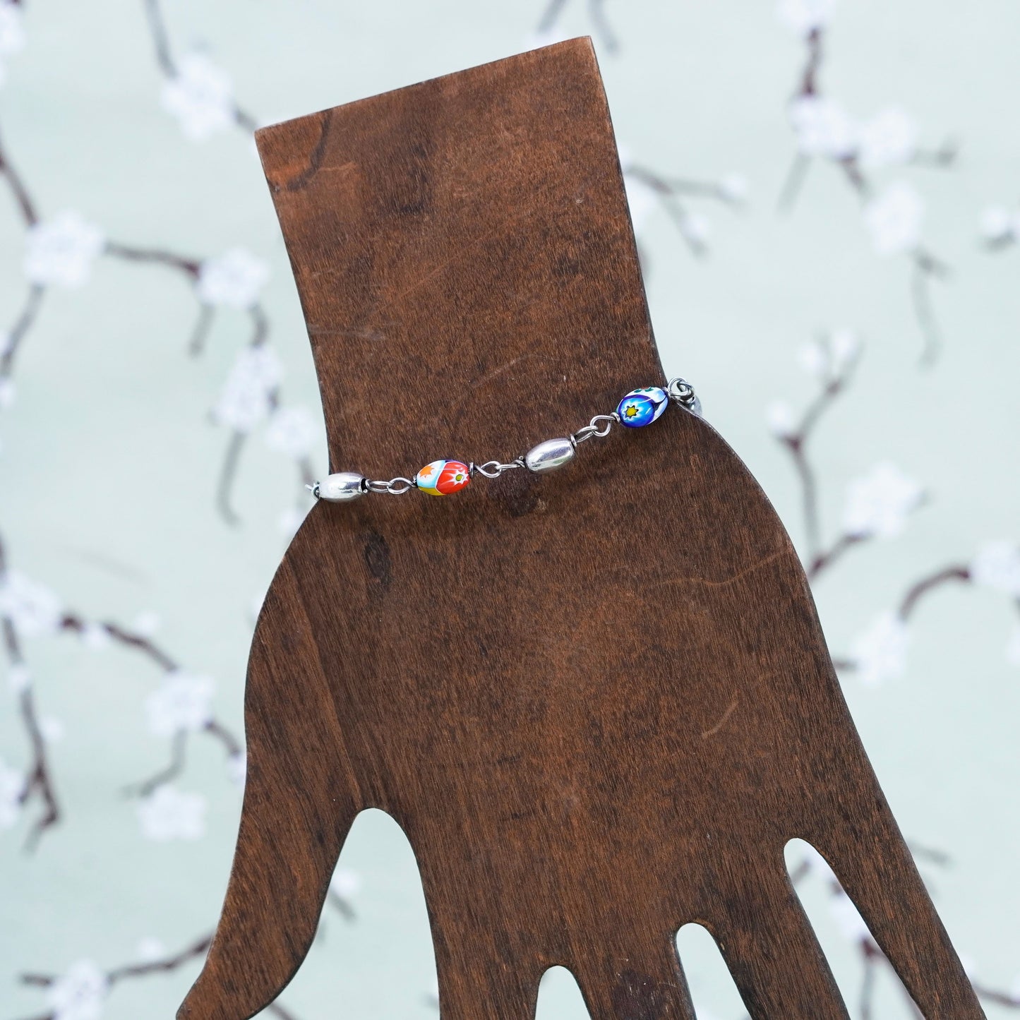 6.75”, Italy 925 Sterling 925 silver bracelet with artisan Murano glass beads