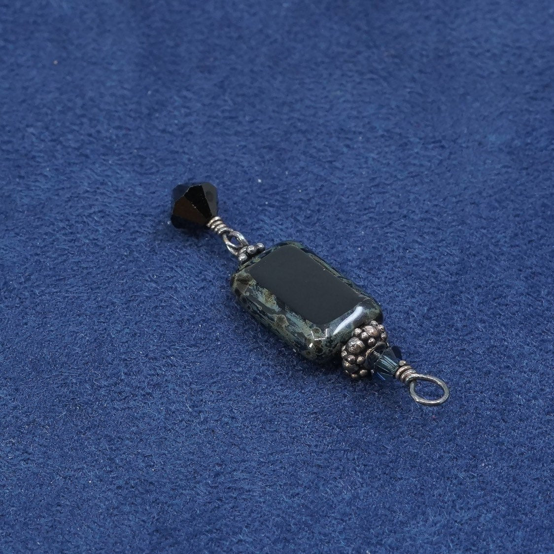 vtg Sterling silver handmade charm pendant, 925 w/ obsidian N beads