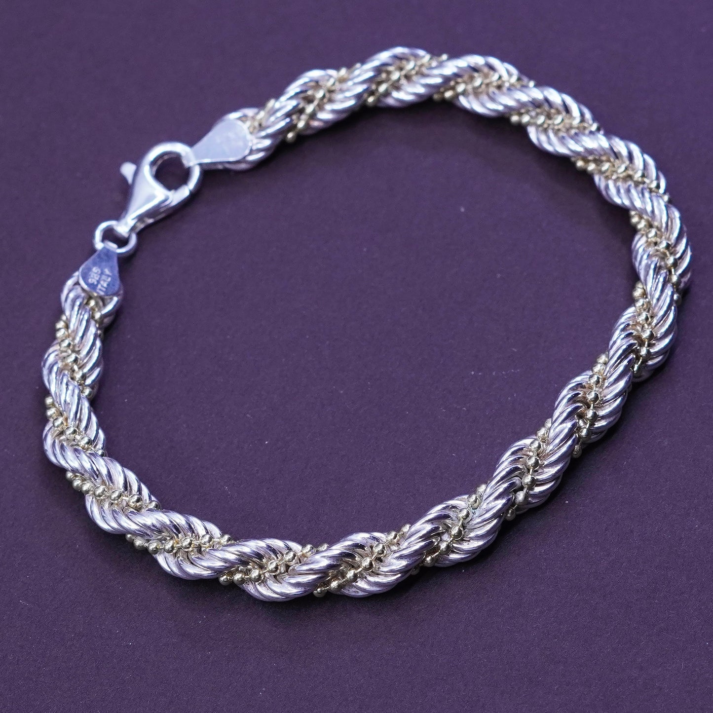 7”, Sterling silver bracelet, Italy 925 rope twisted with 14K gold beads chain