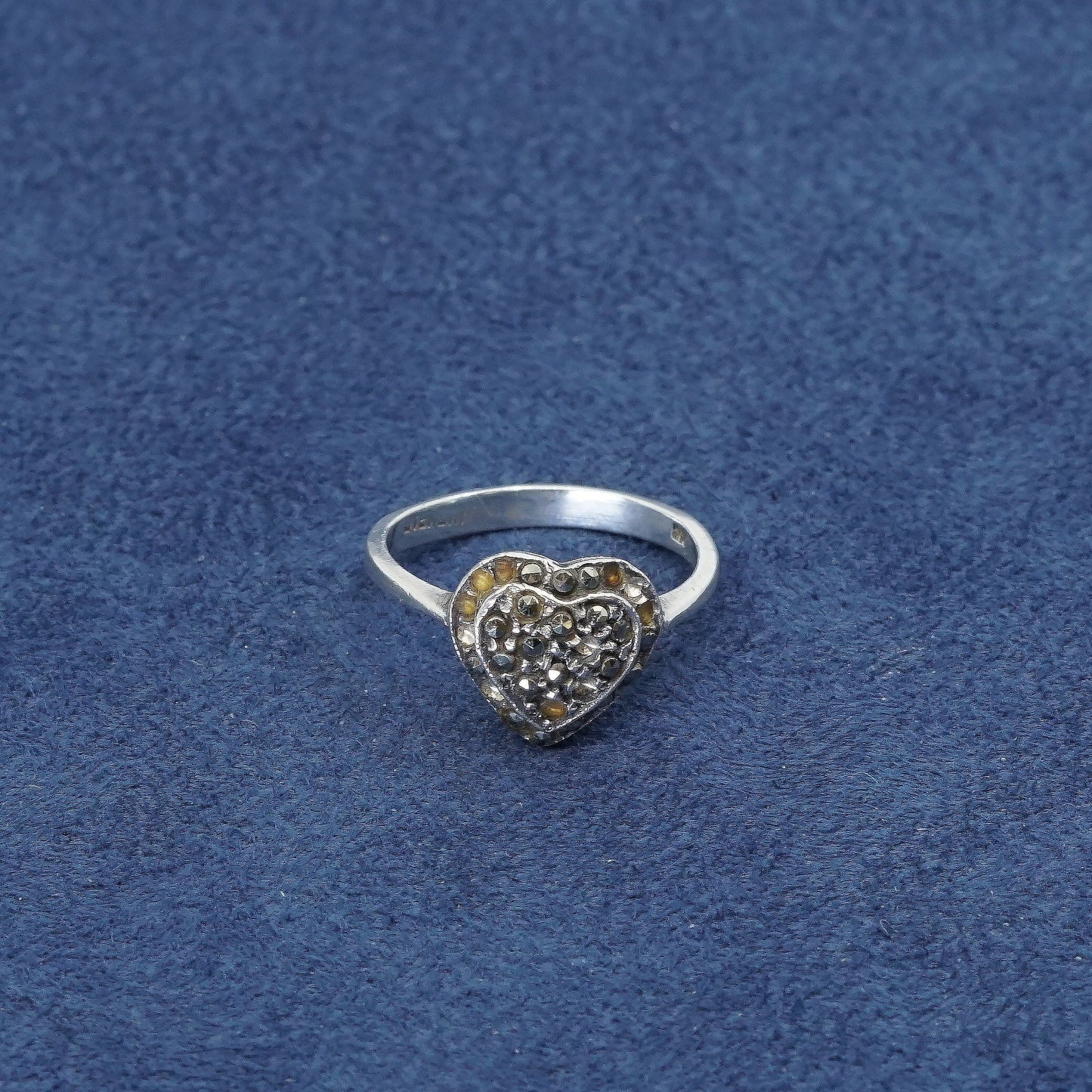 sz 6.75, vtg Sterling silver handmade ring, 925 band w/ marcasite heart
