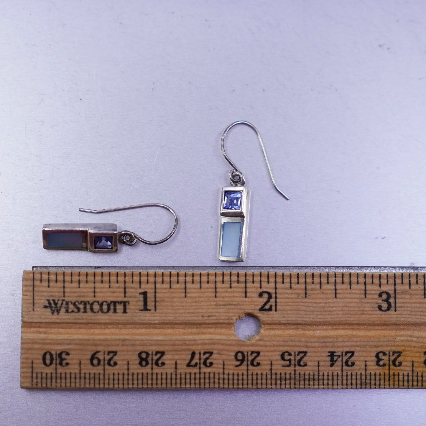 Vintage Sterling 925 silver handmade earrings with blue cz and mother of pearl