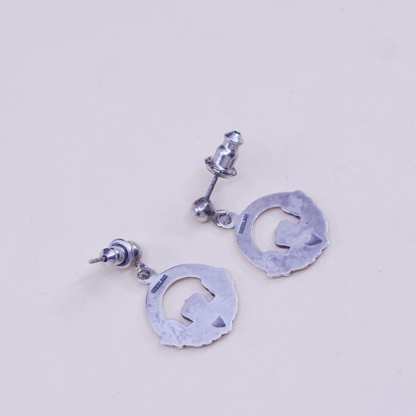 Vintage Sterling silver handmade earrings, 925 claddagh holding heart dangles