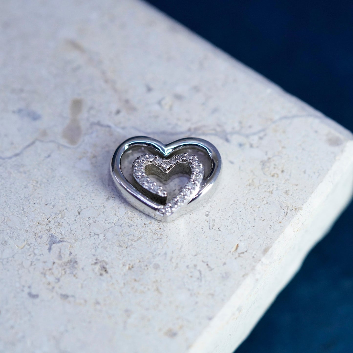 Vintage Sterling silver handmade pendant, 925 heart with genuine diamond center