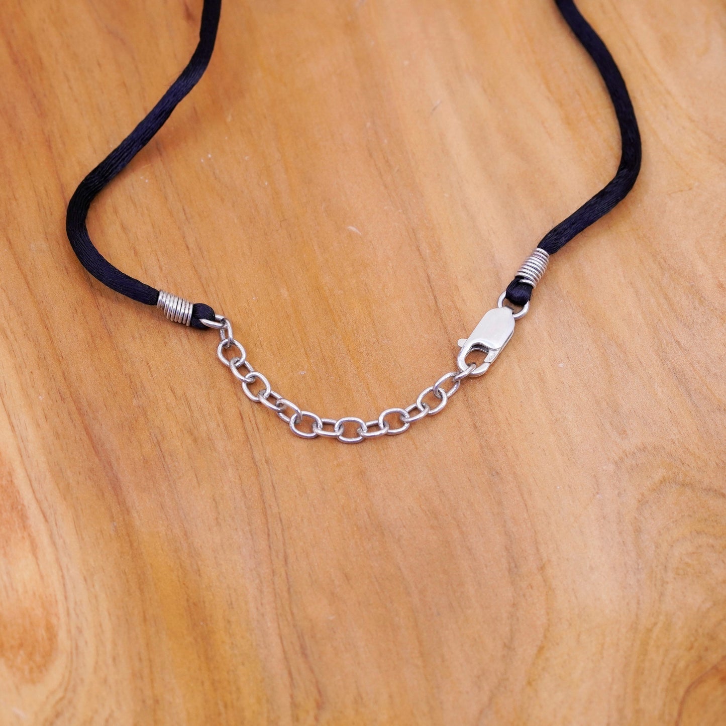 15+3”, handmade necklace, black silk thread choker with sterling silver clasp