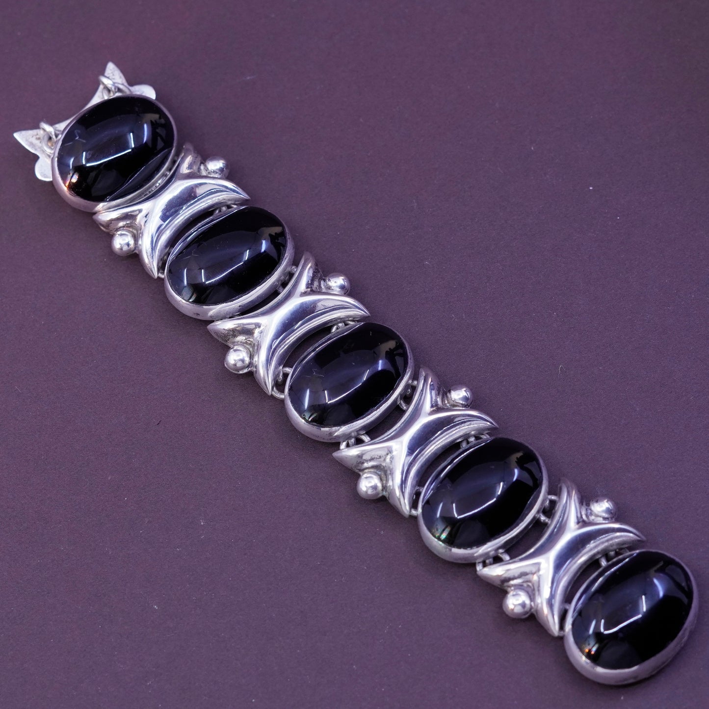 6.5”, vintage Sterling silver handmade bracelet, Mexico 925 link with oval onyx