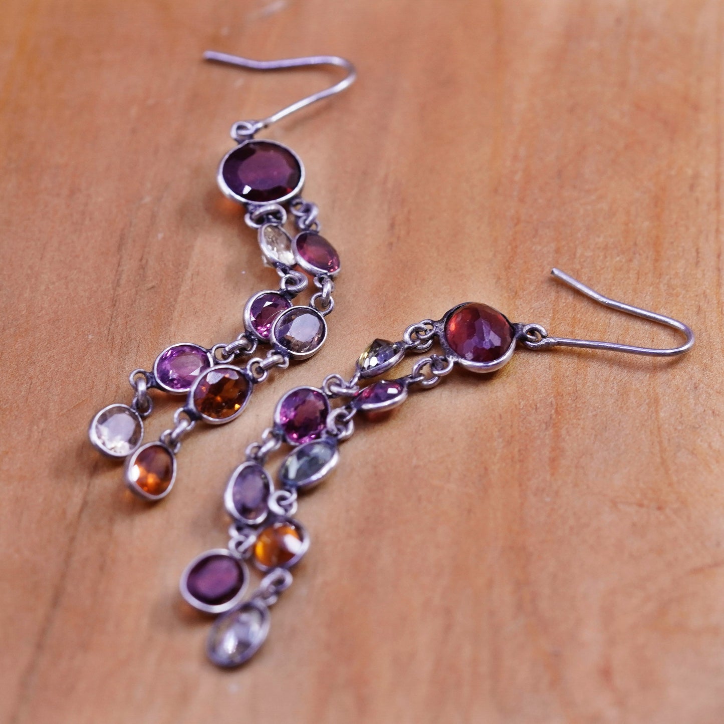 Vintage Sterling 925 silver handmade earrings w/ ruby citrine amethyst peridot