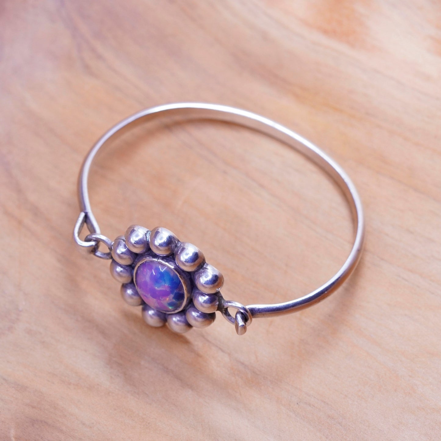 6.75”, Sterling silver bracelet, Mexico 925 hinged bangle dragon breath glass