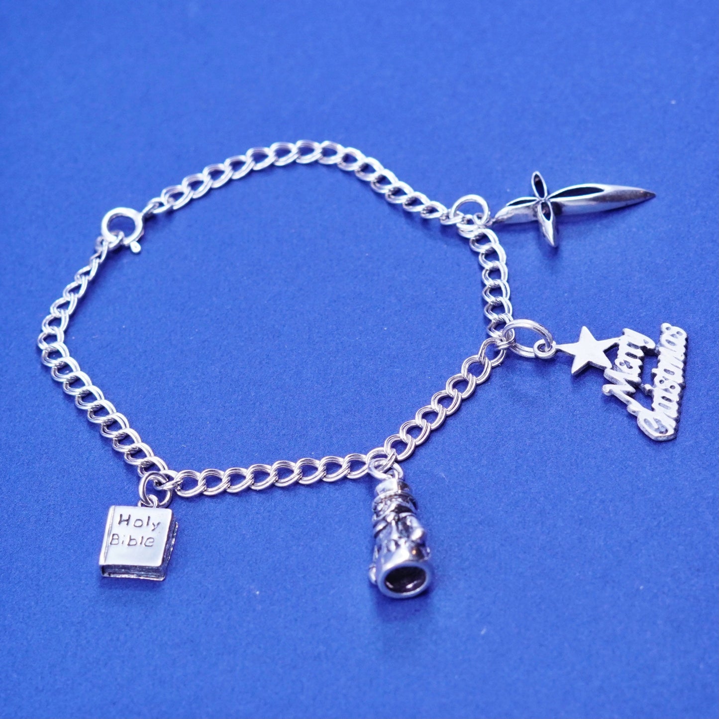 6.75”, vtg Sterling silver bracelet, 925 double curb chain snowman bible cross