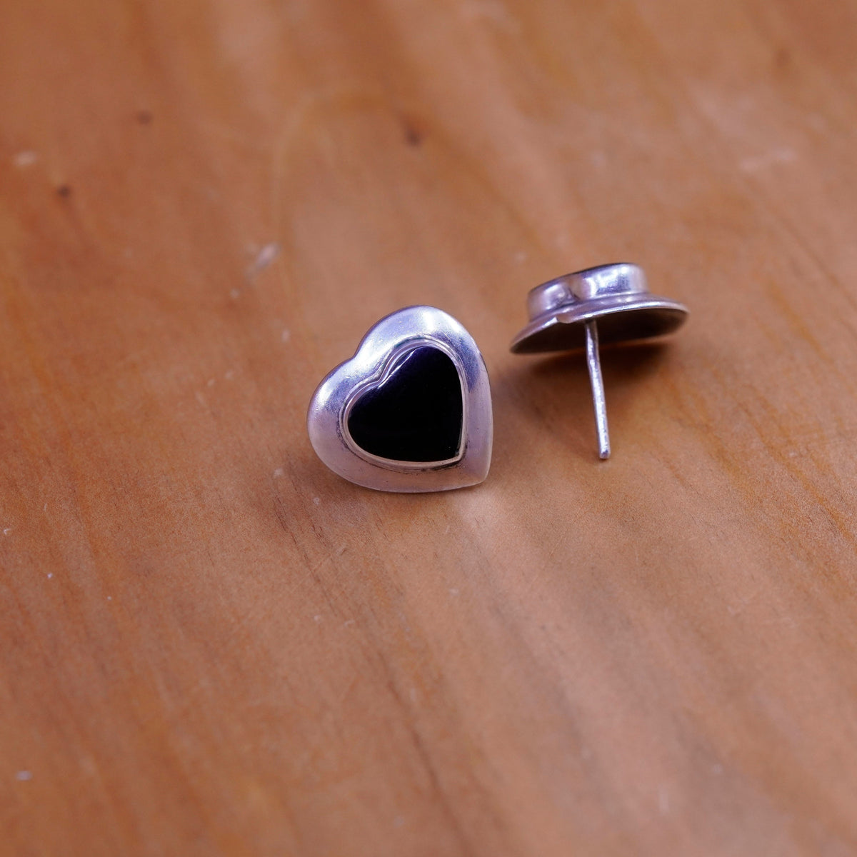 Vintage mexico Sterling silver handmade earrings, 925 heart studs with obsidian