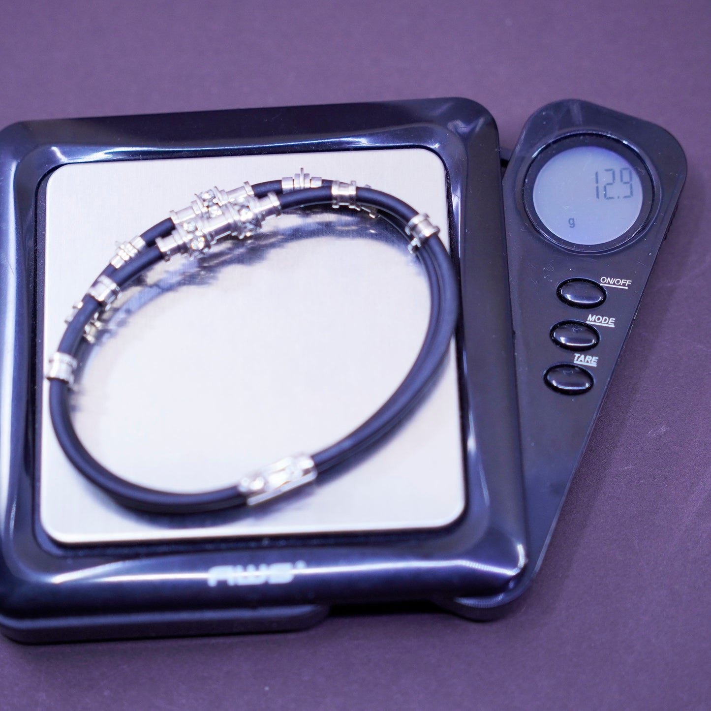7”, double strands black rubber bracelet sterling 925 silver tube and cz charms
