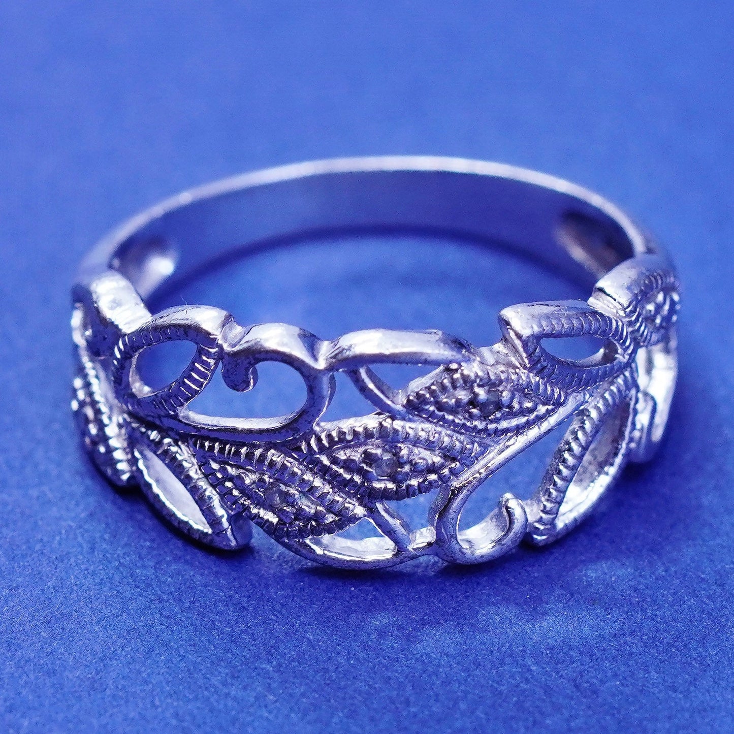 Size 9.5, vintage RJ Sterling silver handmade ring, 925 leafy band with diamond