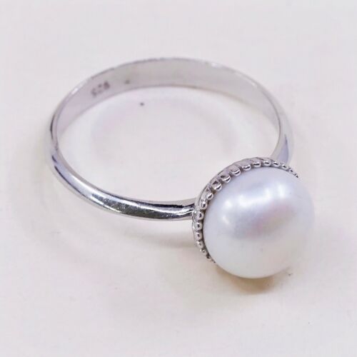 Sz 8, Vtg Sterling 925 Silver Handmade Ring W/ Freshwater Pearl, Simple Elegant