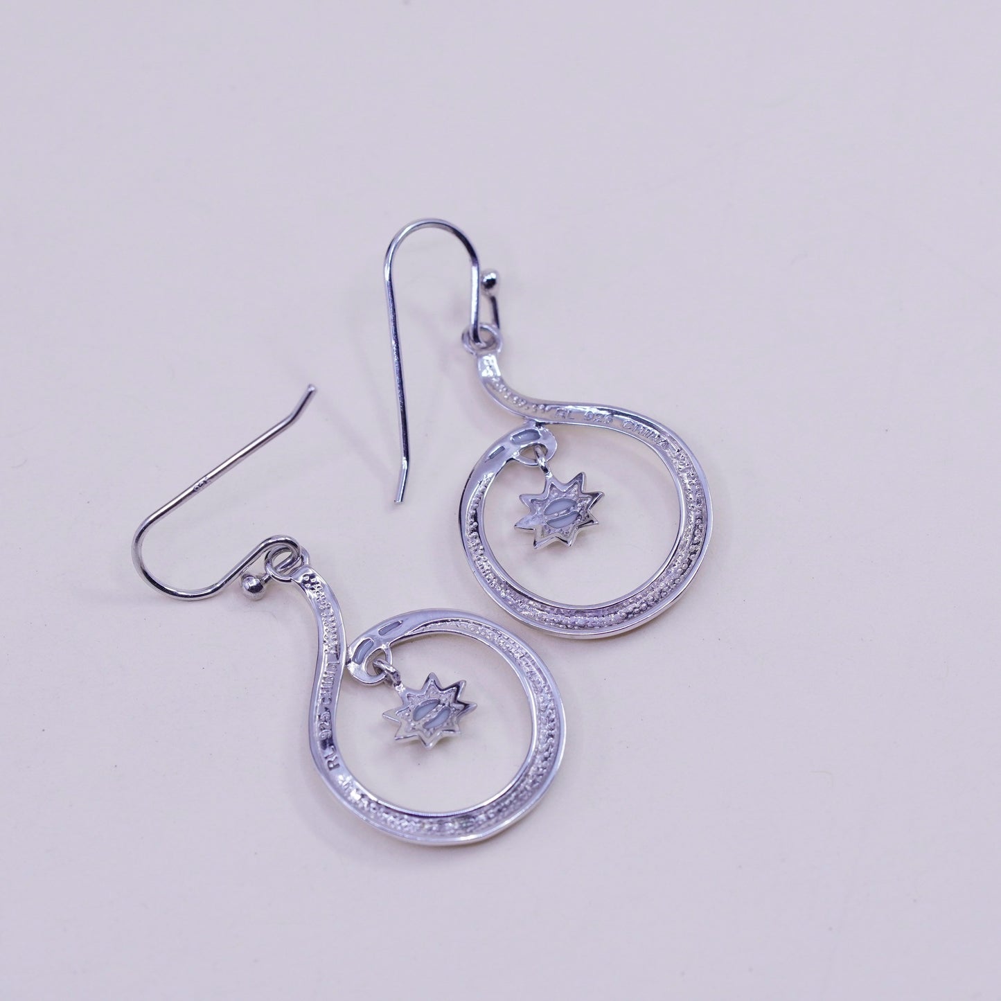 Vintage sterling silver handmade earrings, 925 snowflake drops with cz inlay