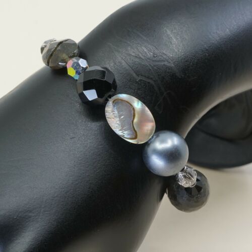 6.5”, Vtg Sterling Silver Handmade bracelet With Gray Pearl N Ceystal Beads