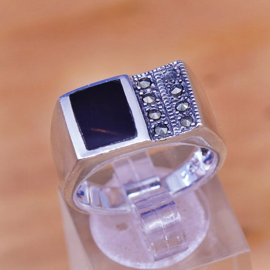 Size 7, vintage Sterling 925 silver handmade ring with obsidian and marcasite