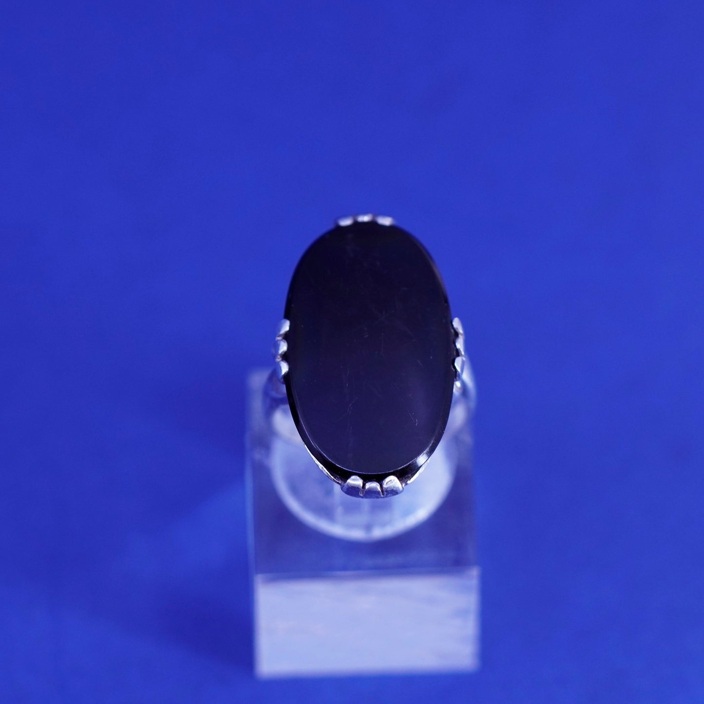 Size 5.5 vintage sterling 925 silver handmade statement ring with oval obsidian