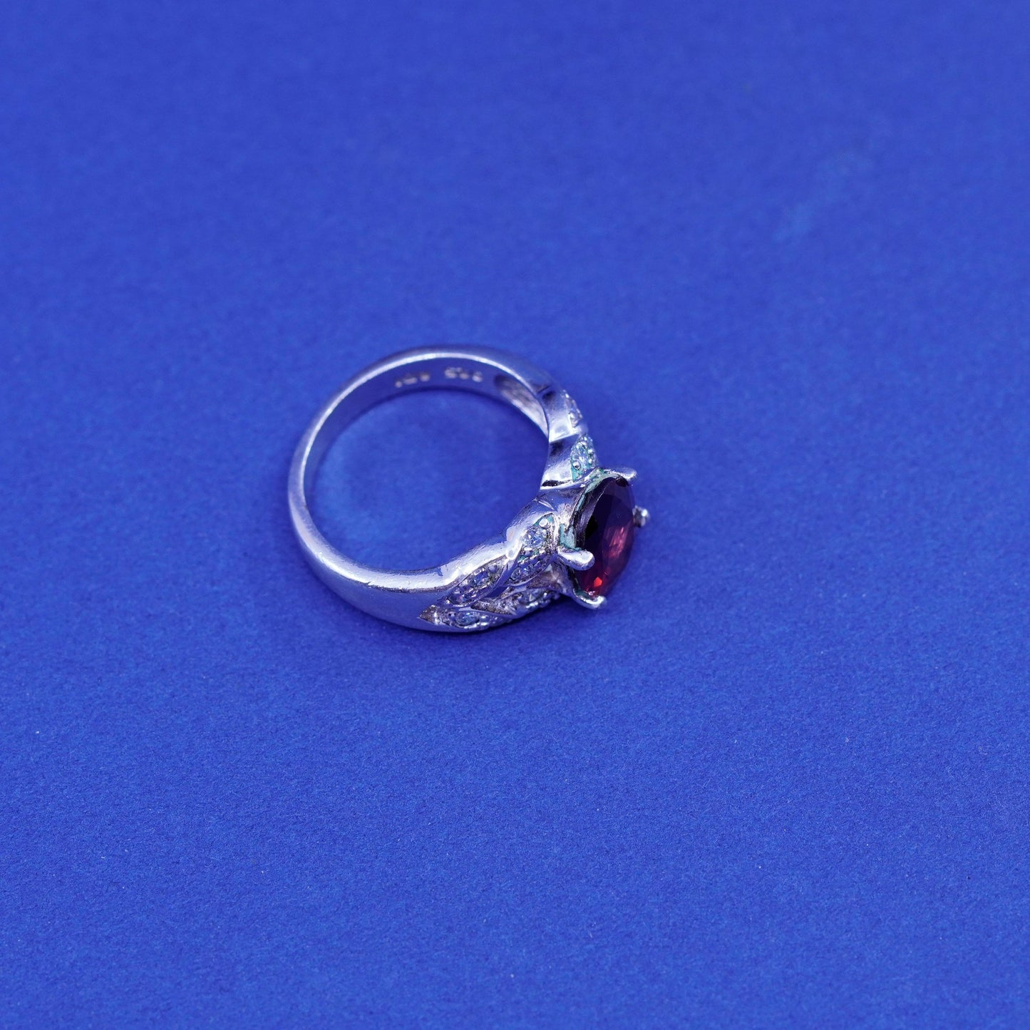 Size 5, vintage ADI Sterling 925 silver handmade ring with heart Ruby and cz