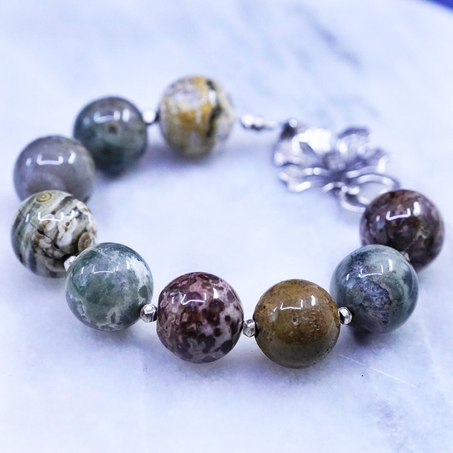 6.75”, sterling silver handmade bracelet, huge genuine agate beads 925 leafy