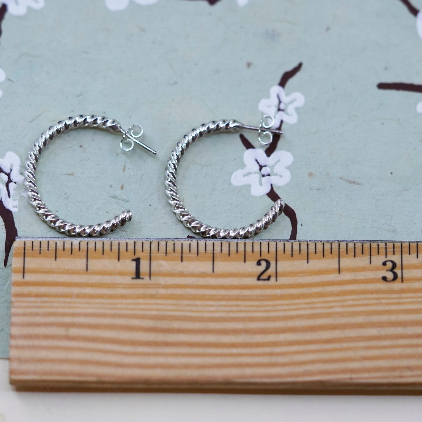 1”, Italy sterling silver loop huggie earrings entwined twisted primitive hoops