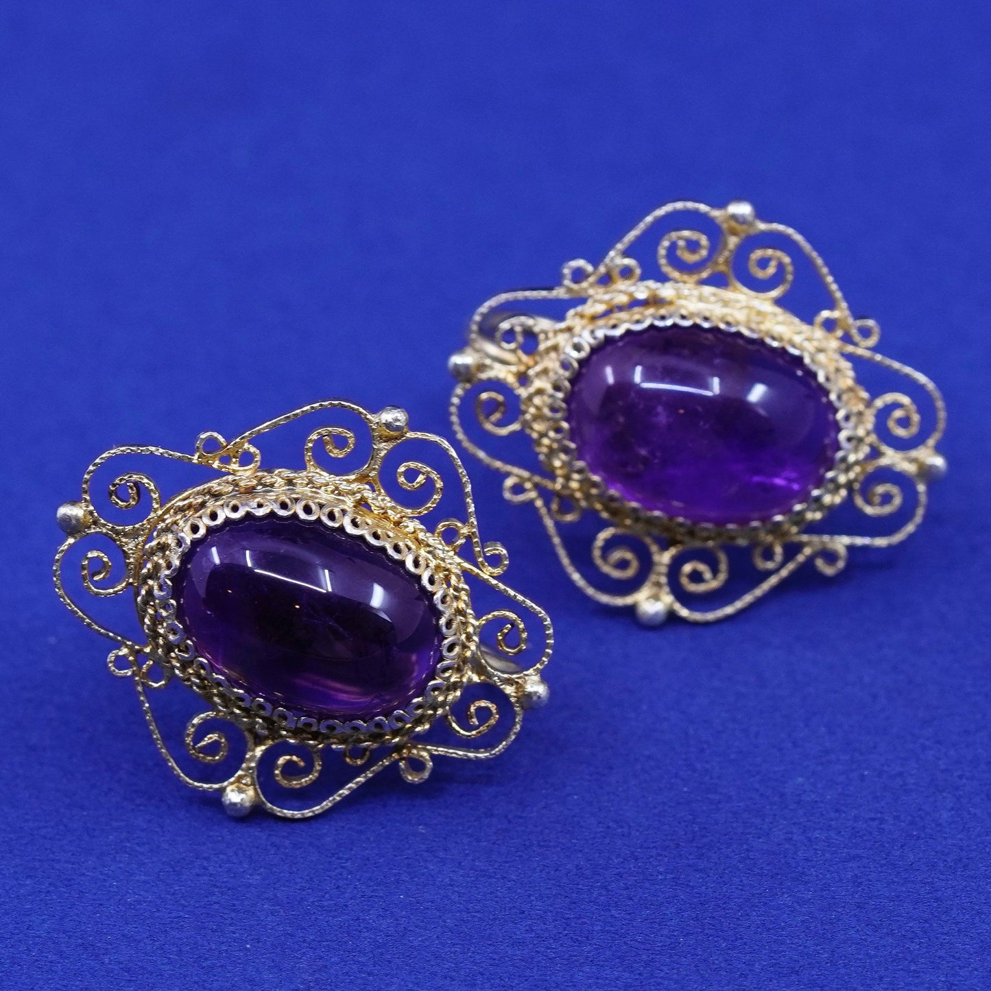 vermeil Sterling silver handmade earrings gold 925 filigree screw back amethyst