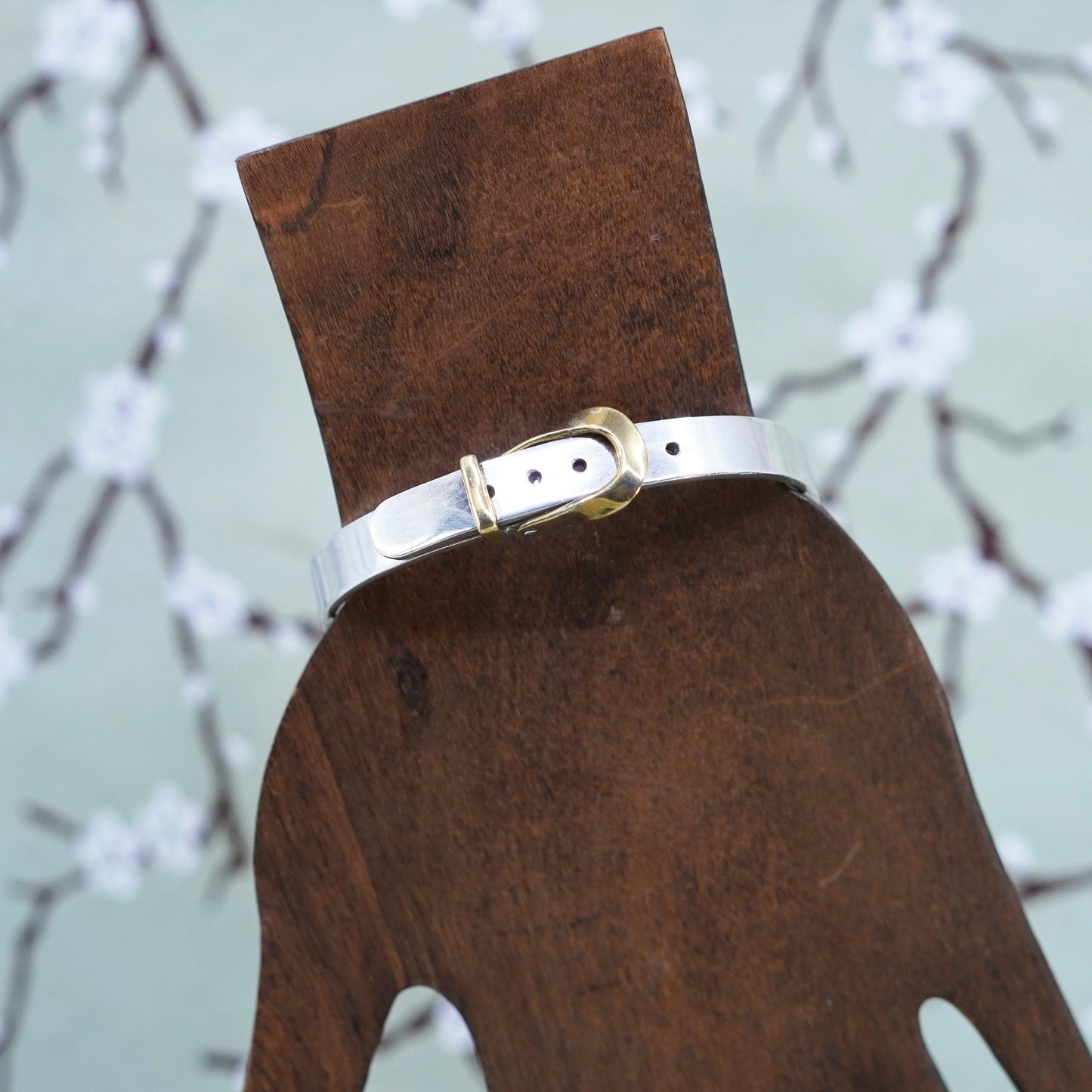 6+1”, two tone sterling silver handmade bracelet, 925 belt bangle with brass