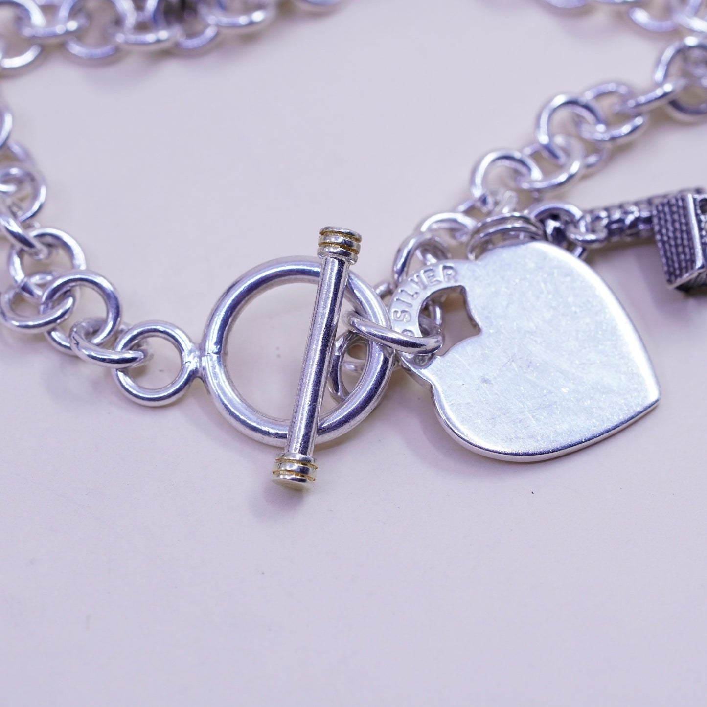 6.75” sterling silver bracelet, bold circle chain heart bible cross piano