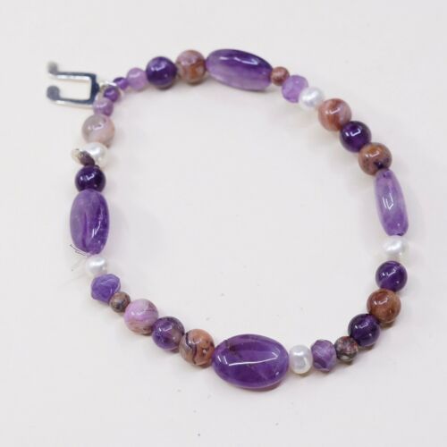 7”, Vtg Amethyst Elastic Bracelet W/ Pearl Beads N Sterling 925 Music Symbol