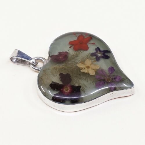 Vintage Sterling Silver Handmade Pendant, 925 Silver Heart With Resin Flower