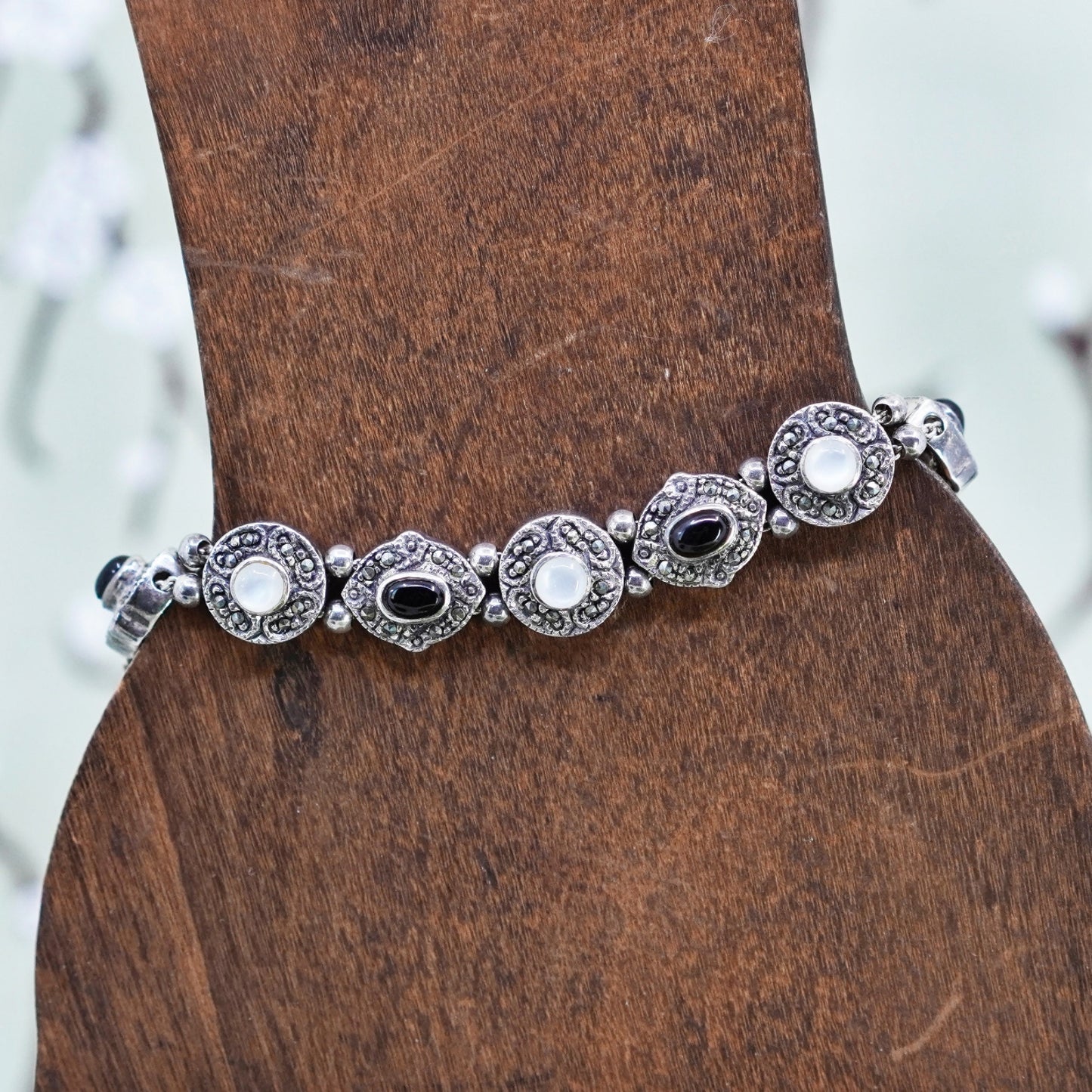 7”, Sterling 925 Silver chain, tennis Bracelet with marcasite onyx moonstone