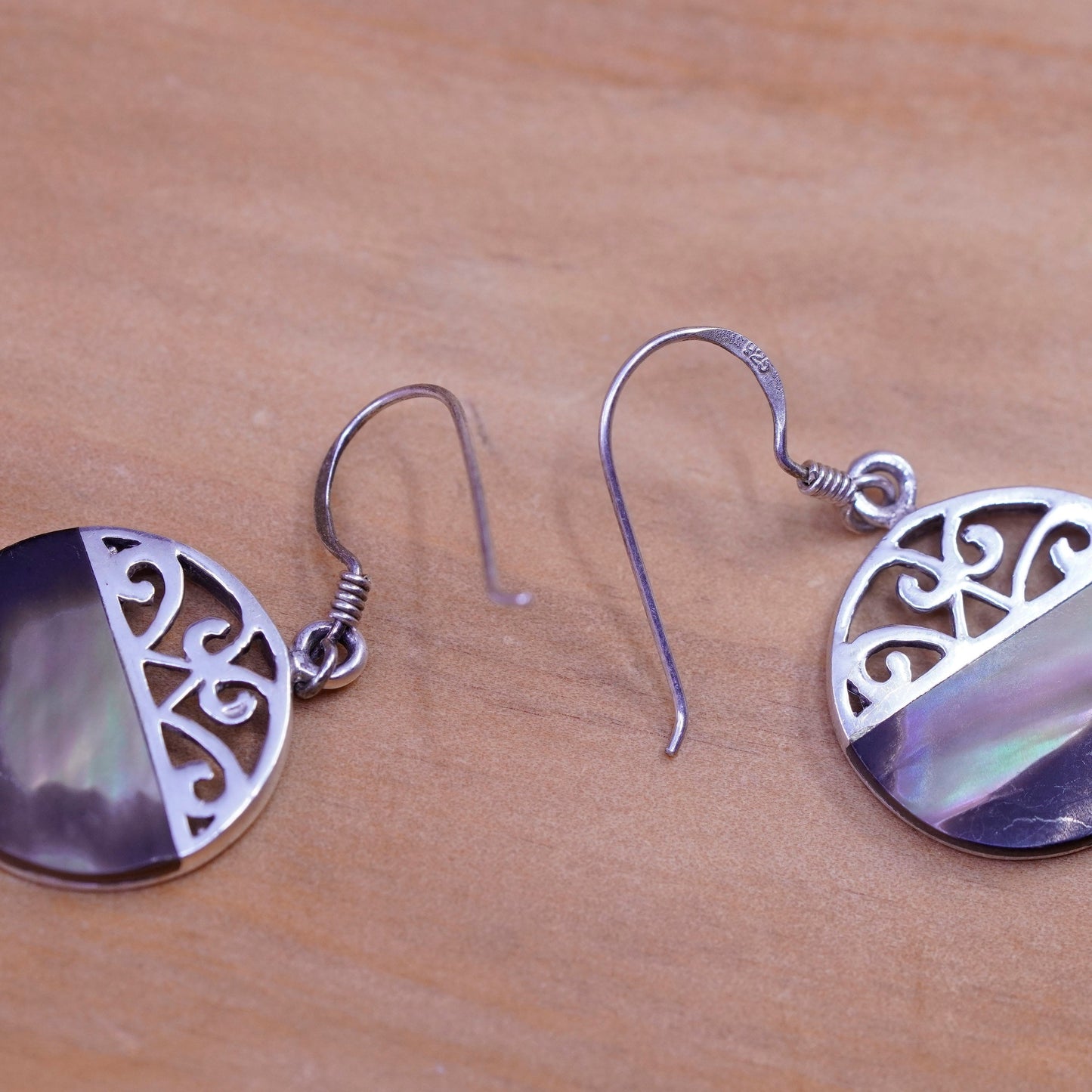 Vintage Sterling 925 silver handmade earrings with abalone and filigree