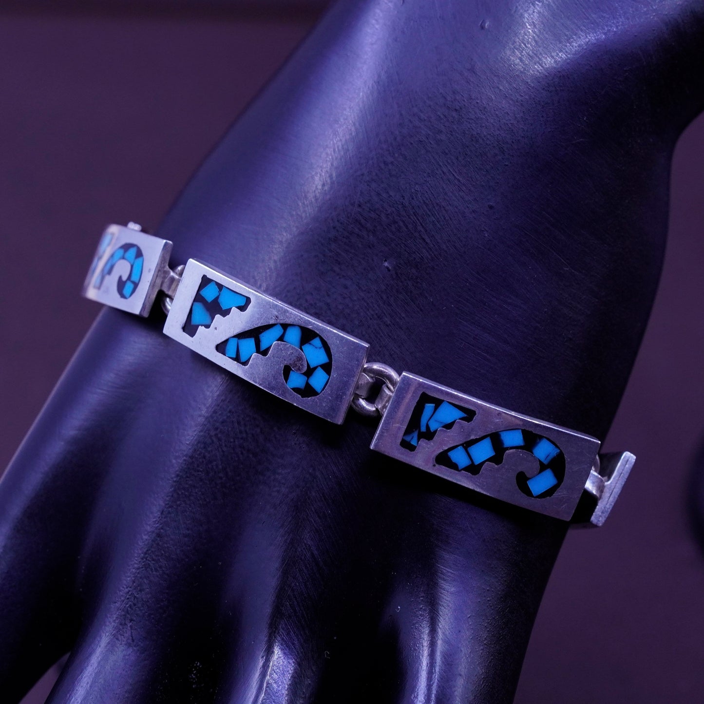 7”, vintage Sterling silver handmade bracelet, Mexico 925 tag with turquoise