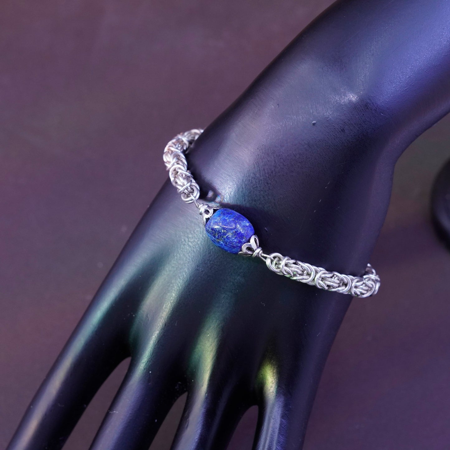 7”, Sterling silver bracelet, Italy 925 Byzantine birdcage chain lapis lazuli
