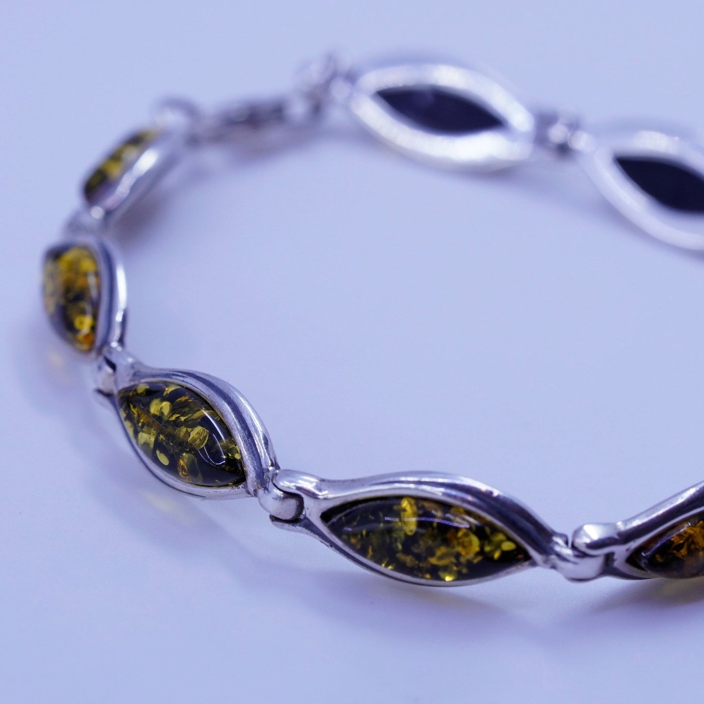 7.25”, Vintage Sterling 925 silver handmade tennis bracelet chain with amber