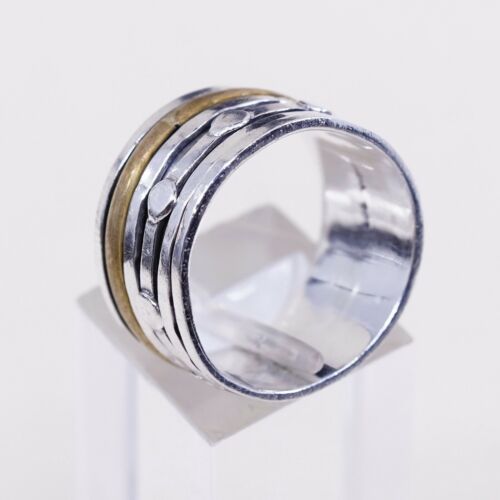 Sz 8, Vtg Two Tone Sterling Silver Handmade Ring, 925 Silver Spinner Band