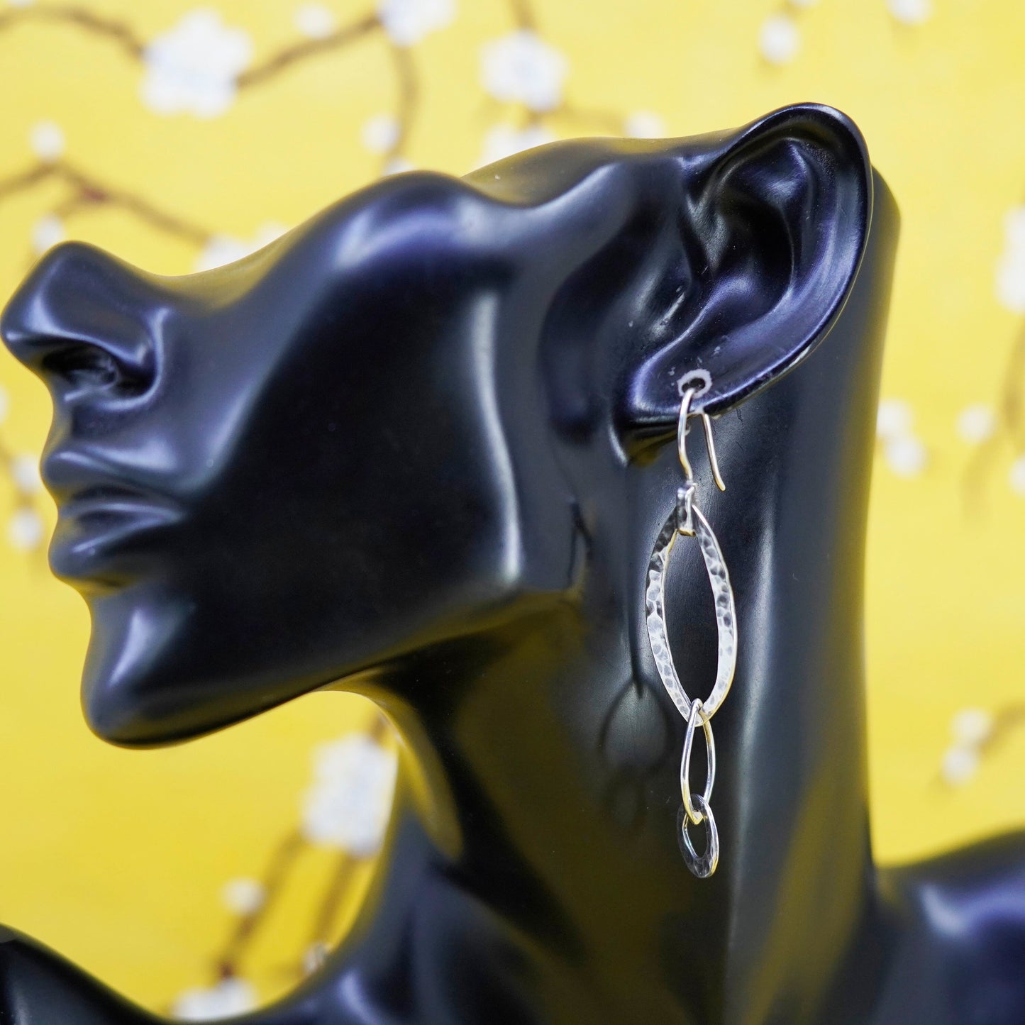 Vintage Silpada handmade Sterling Silver hammered marquise shaped Hoop Earrings
