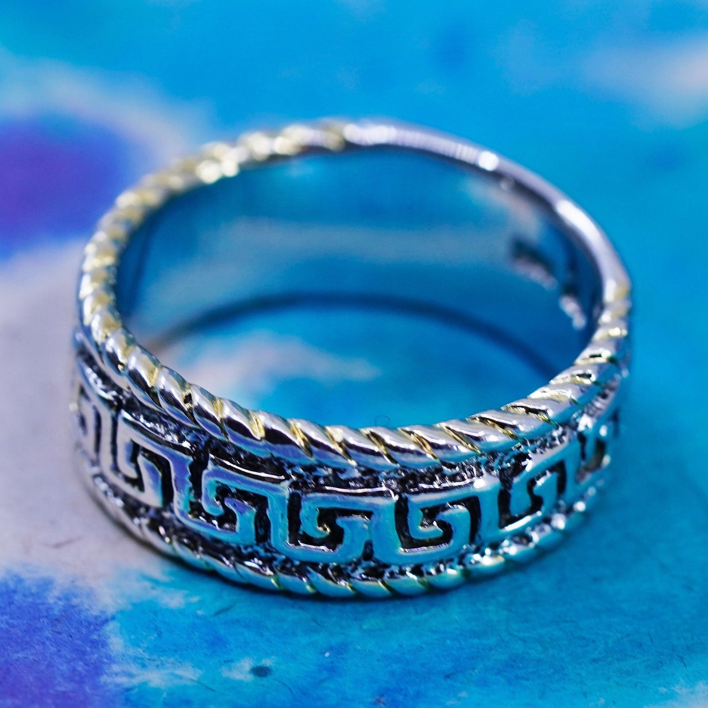 Size 7.5, vintage sterling silver handmade ring, 925 band embossed Greek key